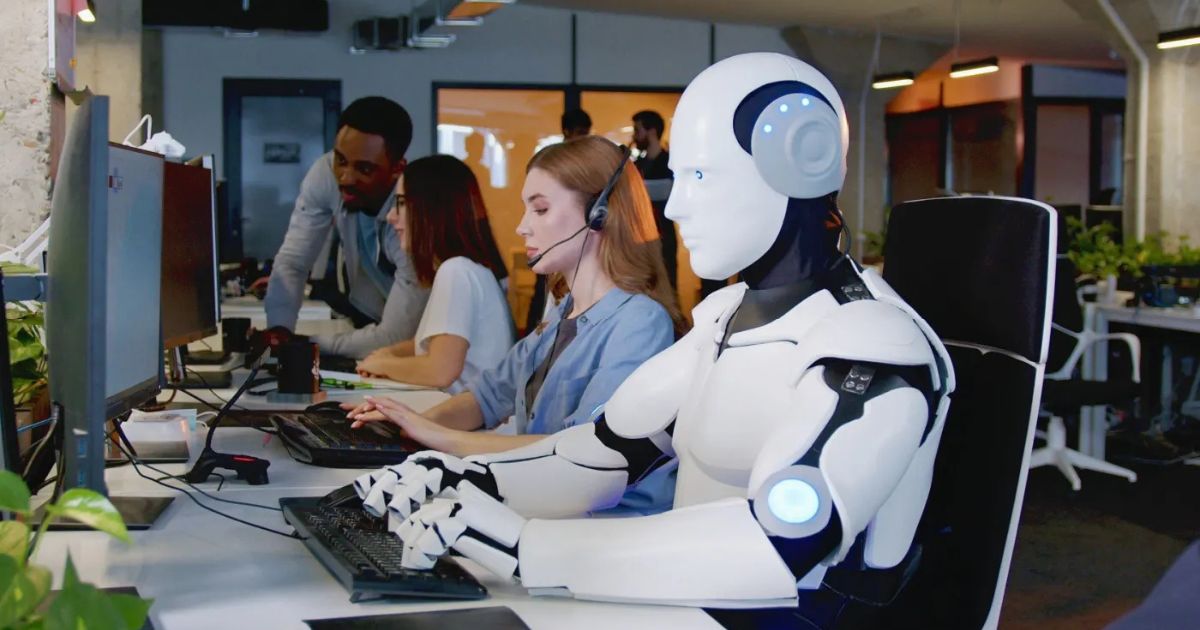 Robot and human workers side by side on an assembly line, symbolizing the balance between AI efficiency and job loss