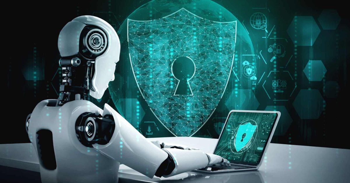 Digital brain surrounded by code and firewall icons, symbolizing AI’s dual role in cybersecurity as both protector and threat