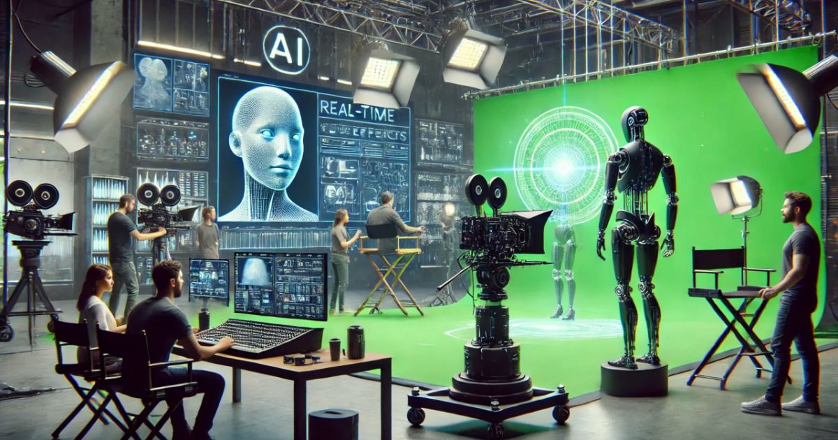AI-generated performer on stage surrounded by digital lights, symbolizing the clash of technology and human creativity in entertainment
