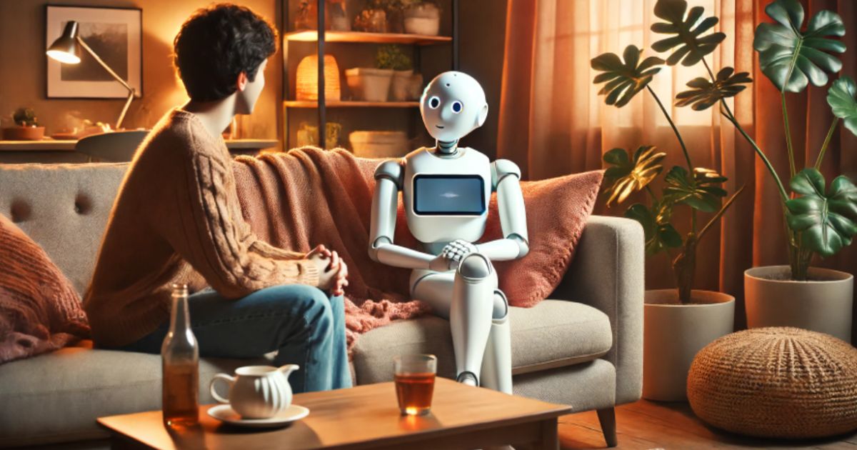 Person talking to an AI chatbot on a phone in a dimly lit room, representing digital mental health support and emotional disconnect