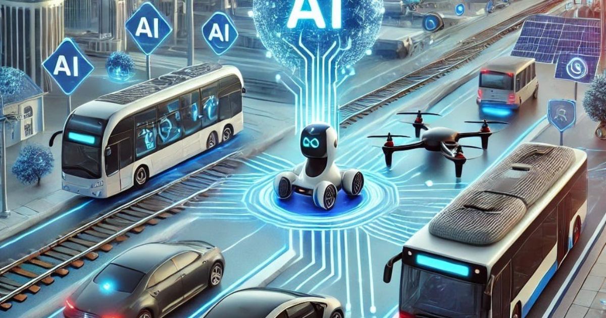 Self-driving car navigating a city with digital overlays, symbolizing the benefits and risks of AI in transportation